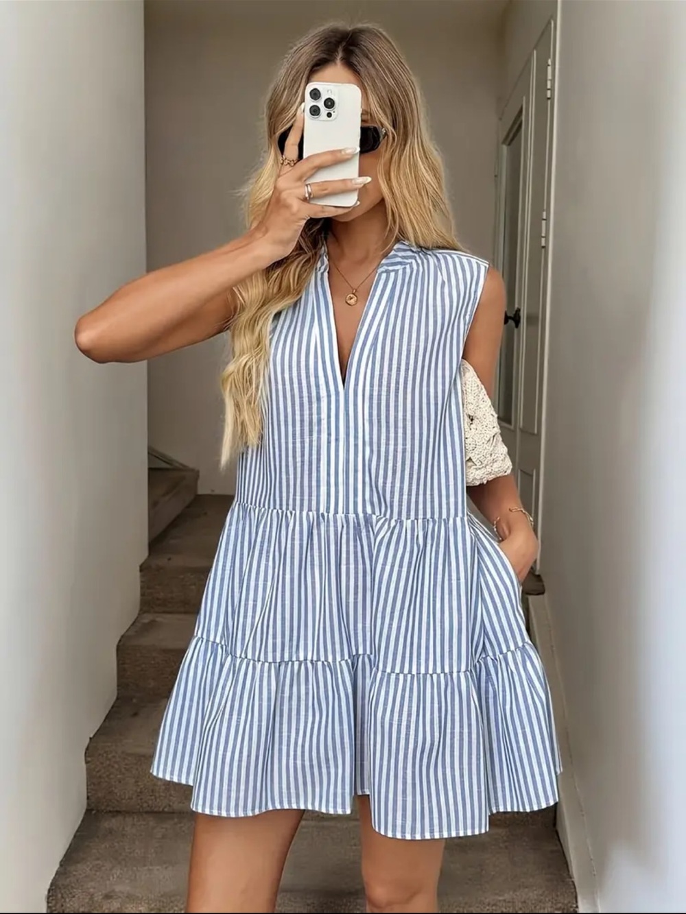 Blue and white striped tiered mini-dress